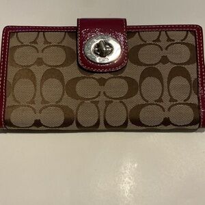 Coach Brown Signature Canvas Wallet with Raspberry Trim
